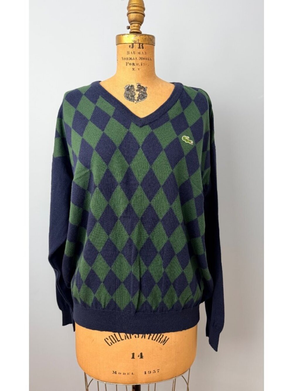 Vintage 80s Chemise Lacoste Italy Argyle Wool V Neck Sweater Mens 8 (XXL) Preppy